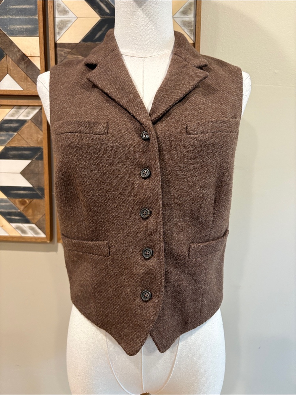Vintage Ralph Lauren Blue Label Brown Herringbone Wool Silk Tailored Vest size 6